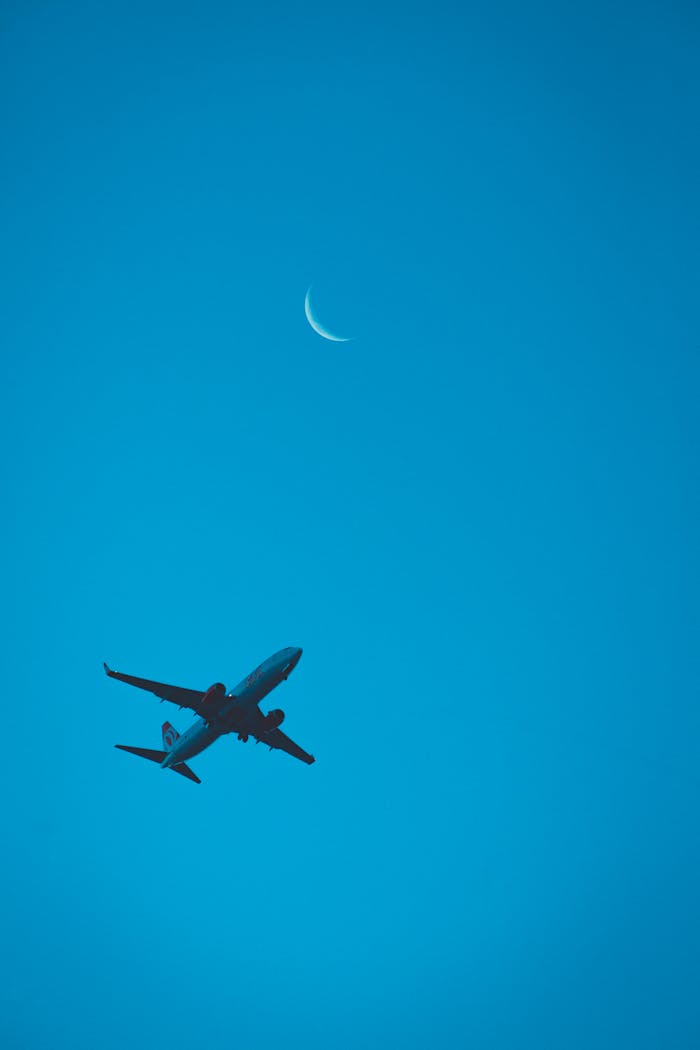 Plane flying in bright blue sky